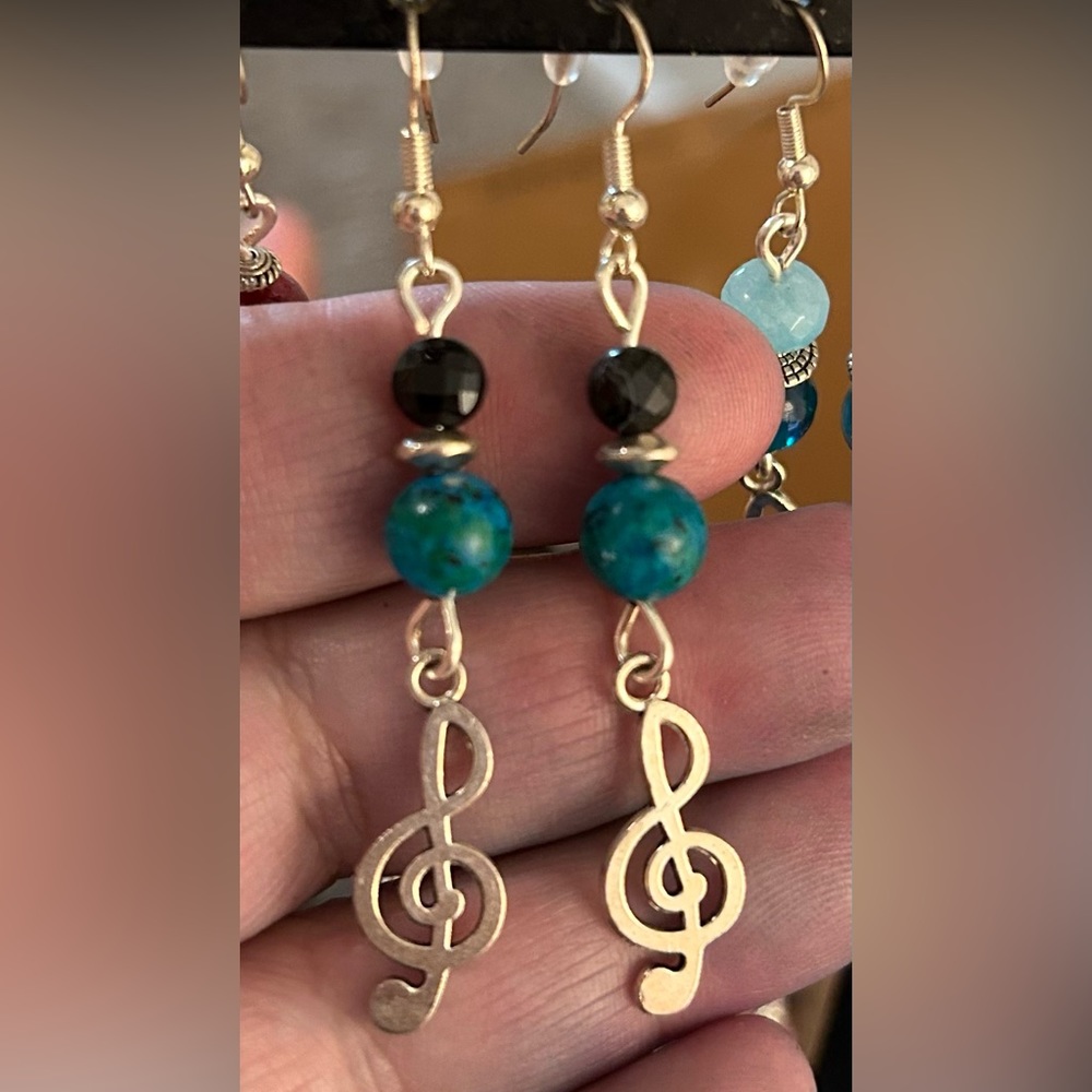 Handmade Artisan hanging earrings turquoise, black & silver beads & musical note
